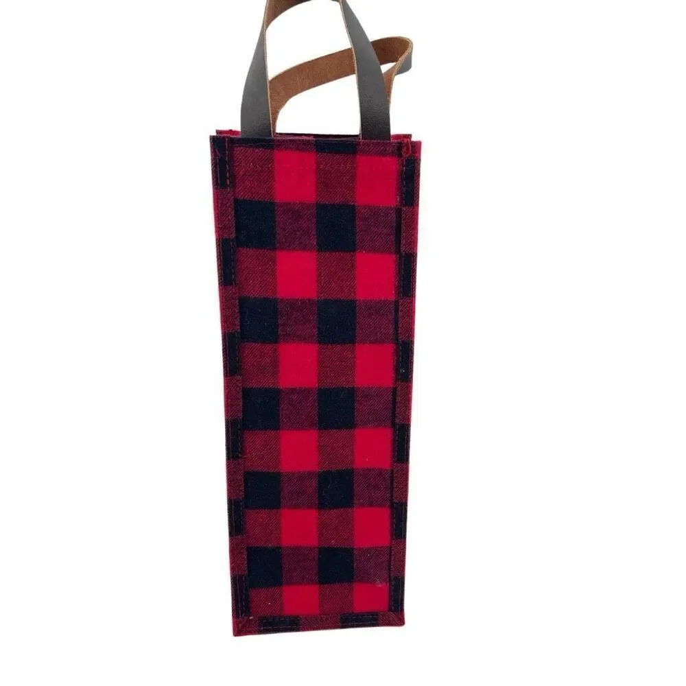 Farmhouse Buffalo Check Flannel Wine Bottle Gift Tote Faux Leather Handle